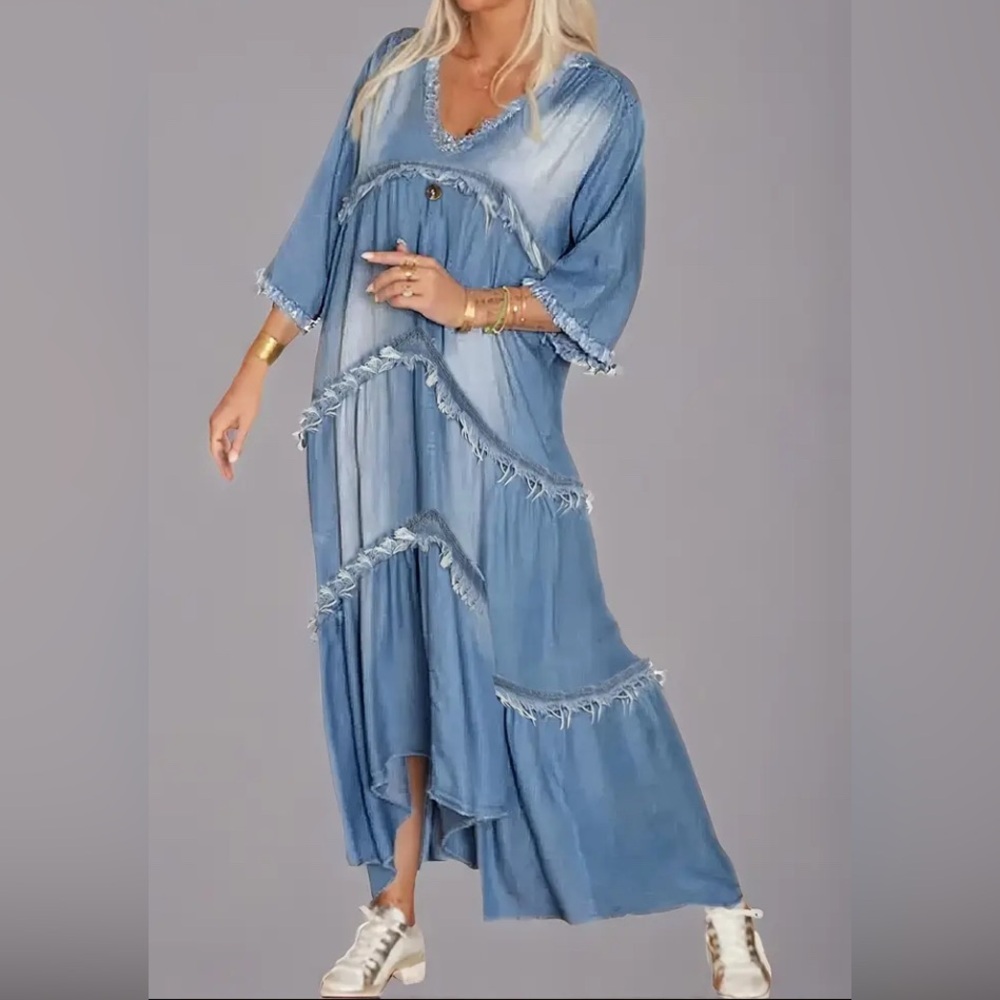 New Blue Fringed Maxi Denim Dress